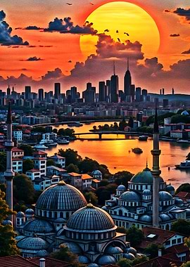 Cityscape at Sunset with Mosques