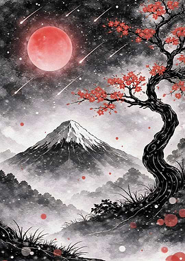 Mount Fuji Cherry Blossoms Under Red Moon