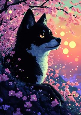 Black Dog Among Cherry Blossoms
