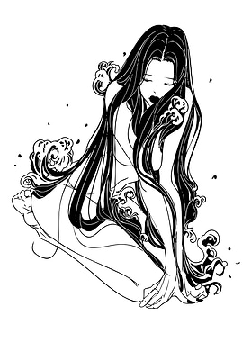 Woman with flowing hair and water elements