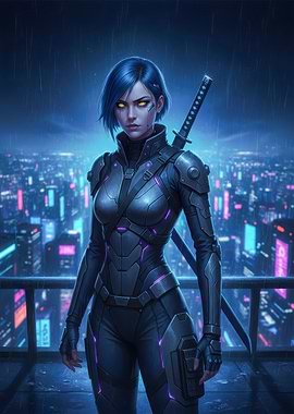 Cyberpunk Warrior in Rainy City