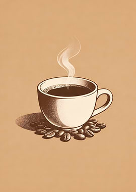 Steaming Cup of Coffee with Beans