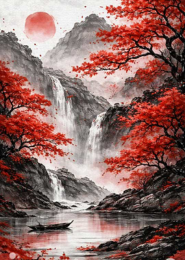 Japanese Waterfall with Red Maple Trees