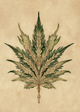 Detailed Botanical Illustration of a Cannabis Leaf