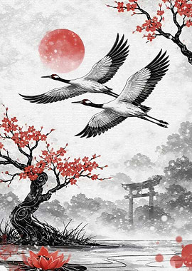Cranes flying over a Japanese landscape