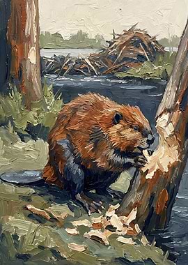 Beaver Gnawing on a Tree Trunk