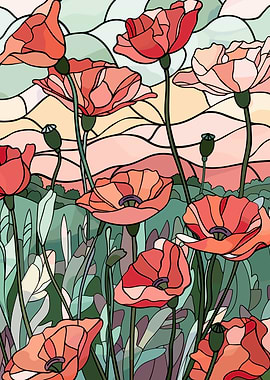 Stained Glass Poppies in a Field