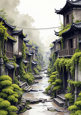 Misty Asian Village with Waterway