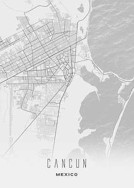 Cancun, Mexico - Minimal White City Streets Map, Wall Art Poster