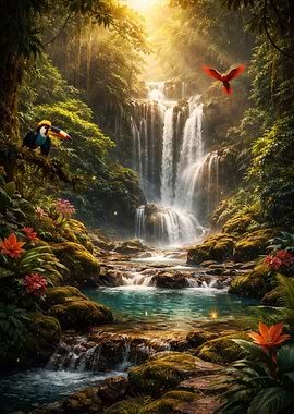 Lush Jungle Waterfall with Birds