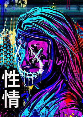 Neon Masked Figure with Japanese Text