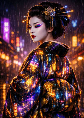 Geisha in Neon City Rain