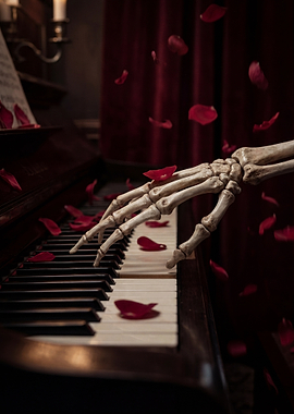 Skeleton Hand Playing Piano with Rose Petals