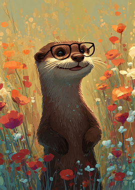 Cute Otter in a Field of Poppies