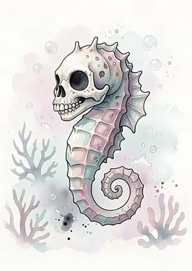 Seahorse Skull with Coral and Bubbles