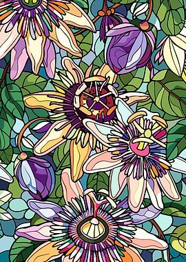 Vibrant Passion Flowers and Leaves