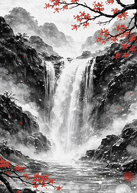 Misty Waterfall with Red Maple Leaves