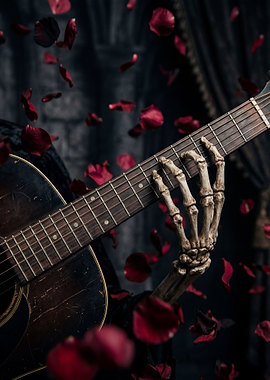 Skeleton Hand Playing Guitar with Rose Petals