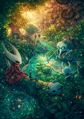 Hollow Knight Characters in a Forest Stream