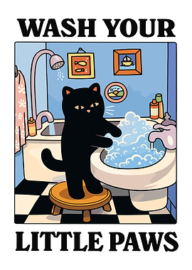 Black Cat Washing Paws in Bathtub