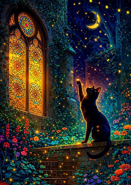 Black Cat Reaching for Stars
