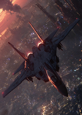 Fighter Jet Flying Over City at Dusk
