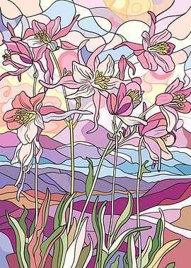 Stained Glass Style Pink Columbines