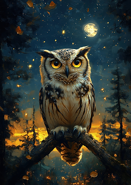 Owl perched on a branch at night