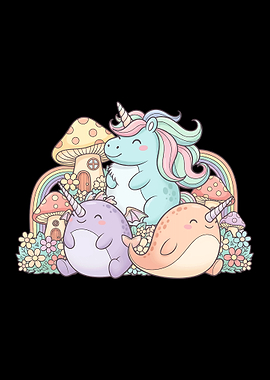 Cute Unicorn and Narwhals in Magical Garden