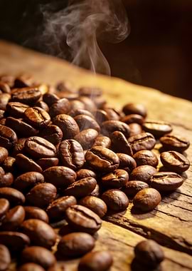 Steaming Coffee Beans on Wood