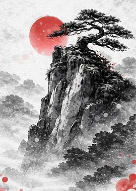 Misty Mountain Bonsai with Red Sun