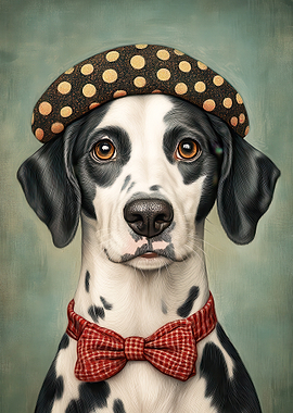 Dalmatian Dog Wearing a Beret and Bow Tie