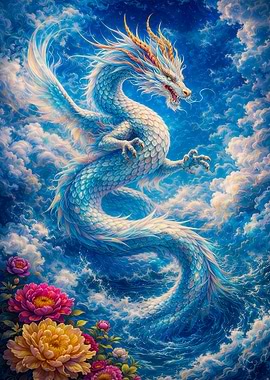 Majestic White Dragon in Clouds