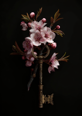 Antique Key with Cherry Blossoms
