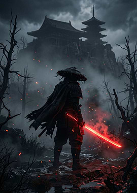 Samurai with glowing sword in a dark forest
