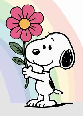 Snoopy Holding a Pink Flower