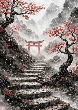 Misty Japanese Torii Gate Path