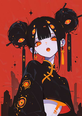 Anime Girl with Orange Eyes and Black Hair