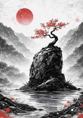 Serene Japanese Landscape with Bonsai Tree