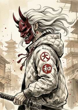 Samurai with Oni Mask and Katana