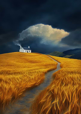 Lonely House in Golden Field
