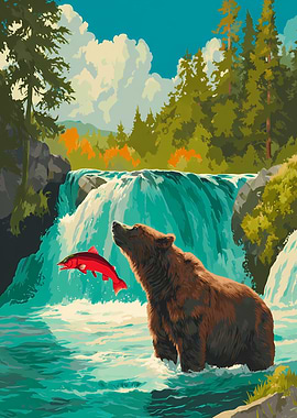 Bear fishing for salmon at waterfall