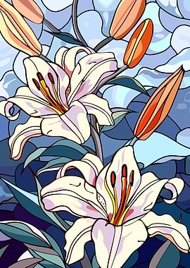 Stained Glass Lilies and Buds