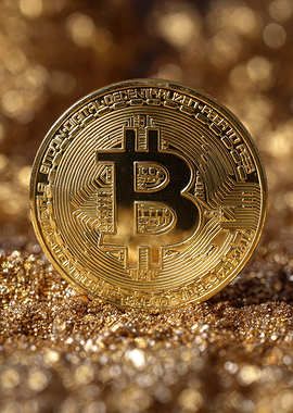 Gold Bitcoin Coin on Glittering Background