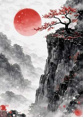 Misty Mountains with Cherry Blossom Tree