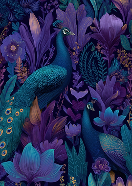 Peacocks in a Lush Floral Garden