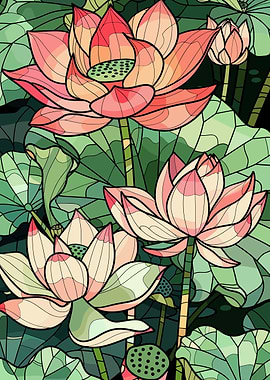 Pink Lotus Flowers and Leaves