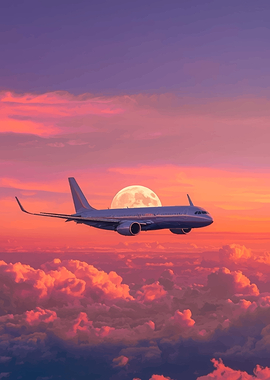 Airplane flying through sunset clouds