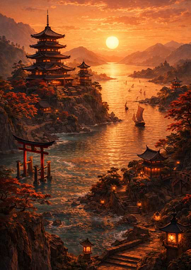 Japanese Pagoda at Sunset