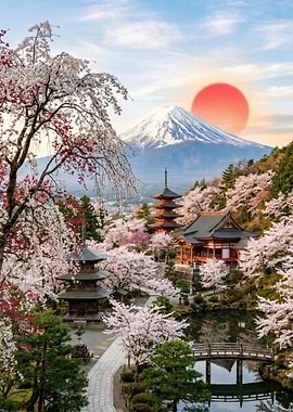 Mount Fuji with Cherry Blossoms and Pagodas